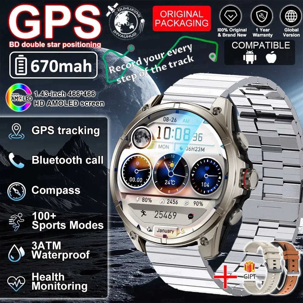2026 GPS Smartwatch Outdoor Sports Waterproof Flashlight 1.43inch AMOLED Custom dial Call Compass Smart Watches For Android IOS