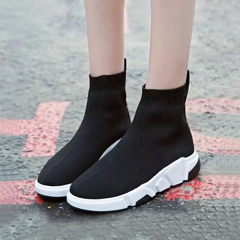 Kobiety Kint Sock Shoes Woman 3.5cm Heels Wedges Shoes Women\'s Ladies for Slip on Vulcanize Flat Shoe Autumn Elastic Fabric Black