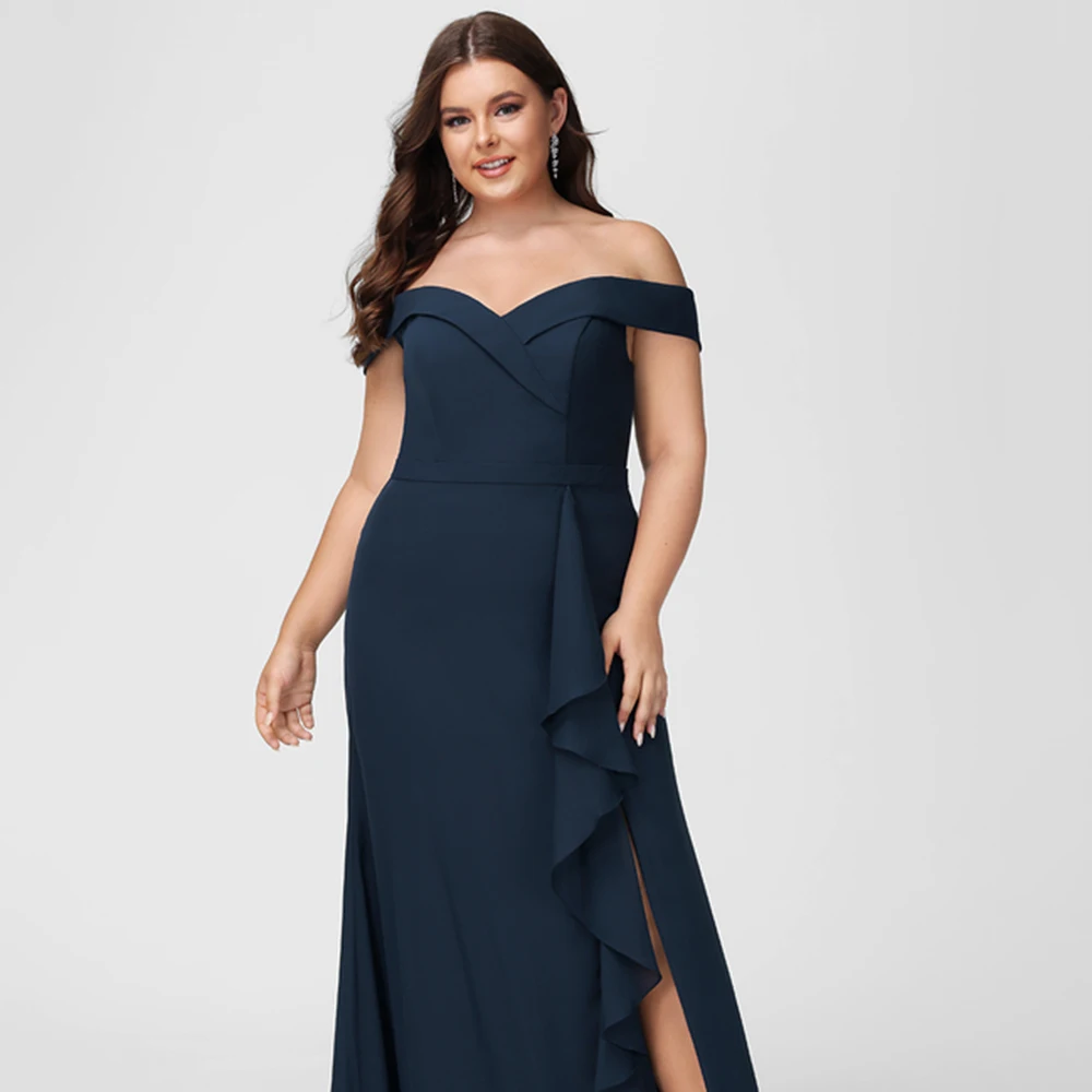 Vestidos de dama de honor personalizados con hombros descubiertos, vestido de fiesta de gasa con abertura larga, volantes simples, espalda descubierta, largo hasta el suelo, talla grande