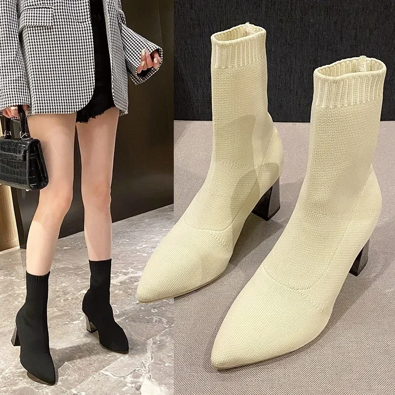 

Stretch Knit Breathable Booties Women Spring and Autumn Pointed Toe Versatile Block Heel High Heel Skinny Boots