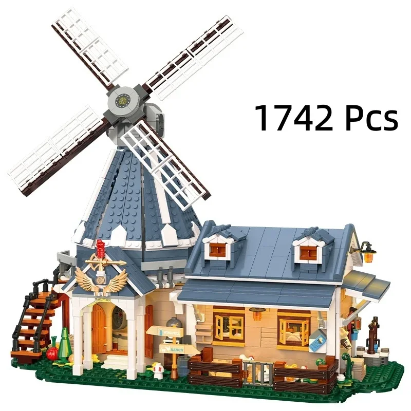 59166 Windmill Ranch Building Blocks European Pastoral Farm Street View Model With Light Rotatable Windmill Desktop Ornament DIY