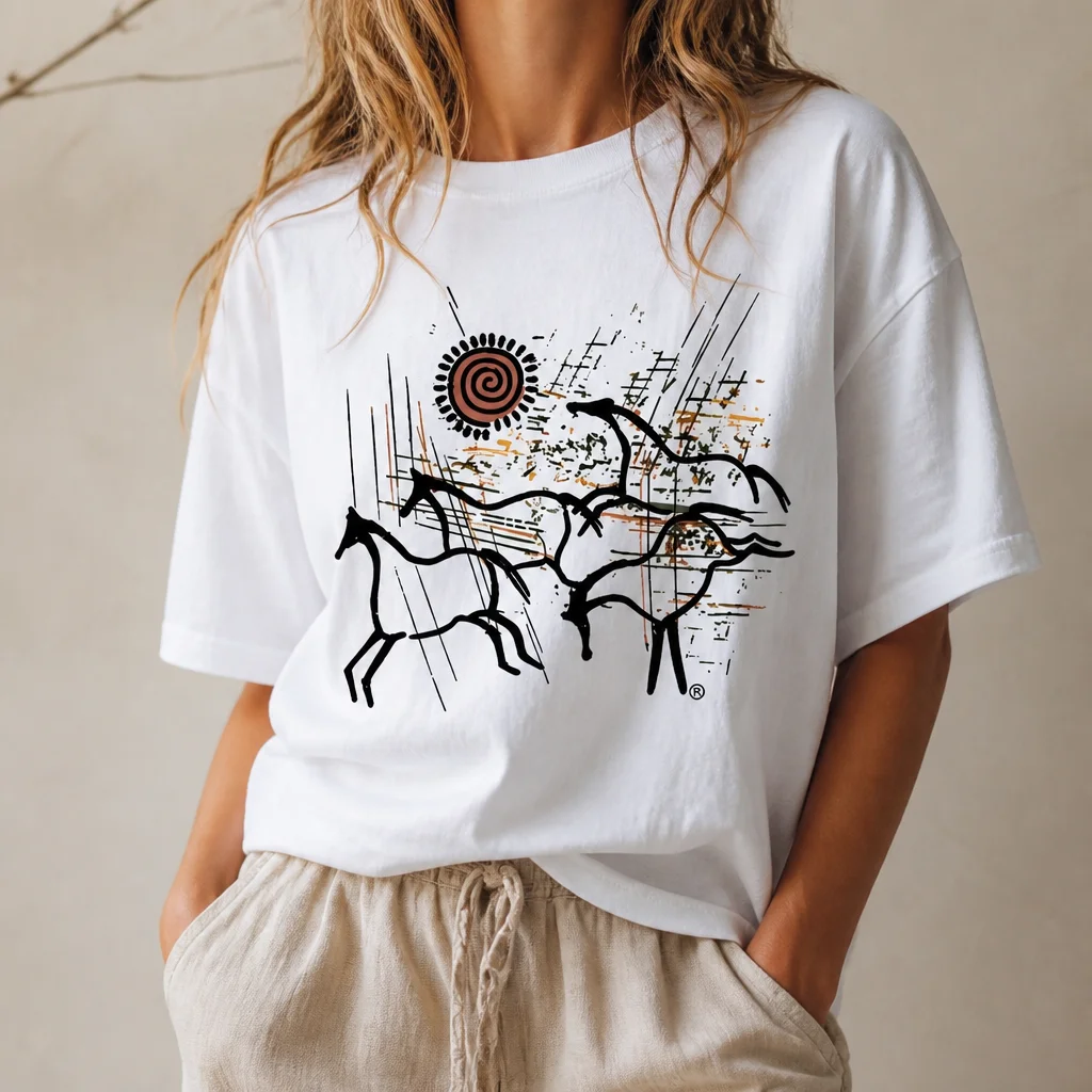 Retro Primitive Cave Art Wild Horse Sun Pattern Women's T-shirt 100% Soft Cotton Cowboy Western Horse Enthusiast Casual Top