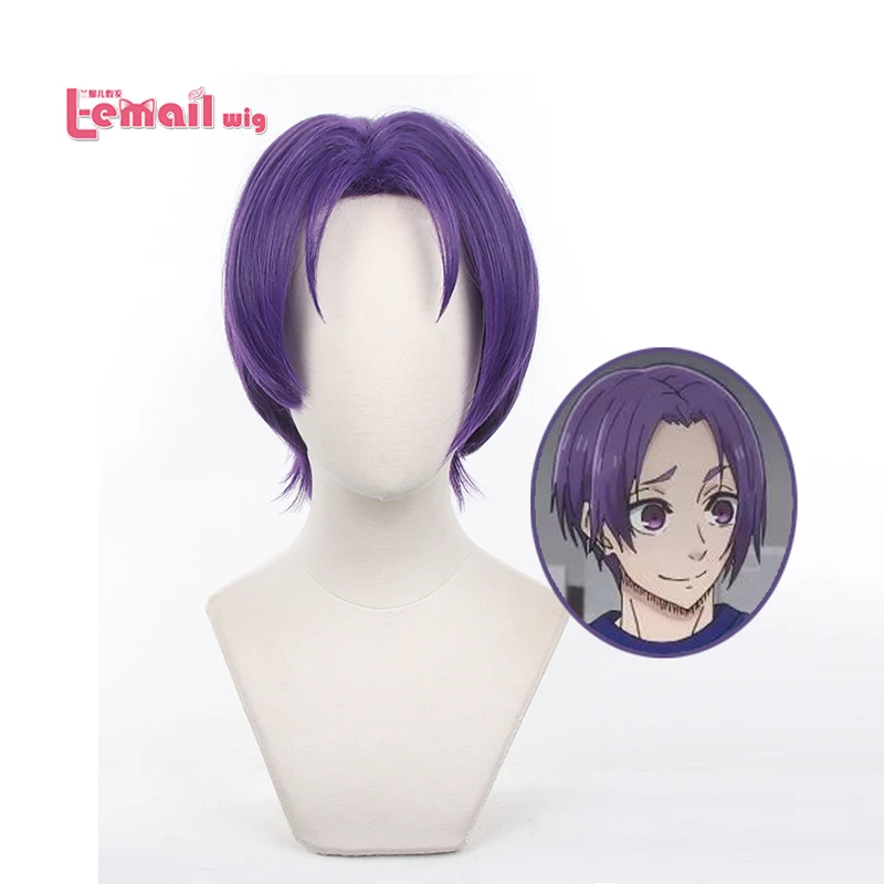 L-이메일 가발 합성 머리 애니메이션 블루 잠금 Reo Mikage 코스프레 가발 보라색 30cm 짧은 및 Updos 코스프레 헤어 내열성 가발