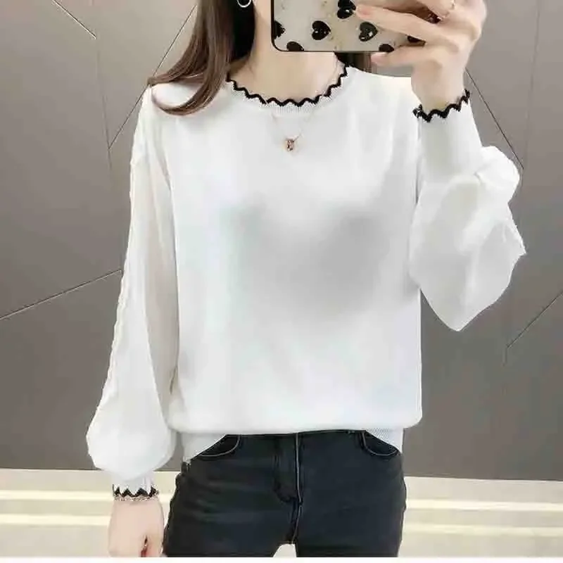 한국 여성용 레이스 니트 탑 봄 가을 패션 랜턴 소매 쉬폰 레이스 탑