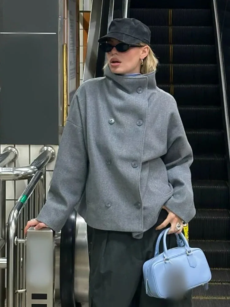 

HH Women Spring Autumn Coat High Collar Double Breasted Pocket Decoration Loose Top Female Fashion High Collar Street Short Coat