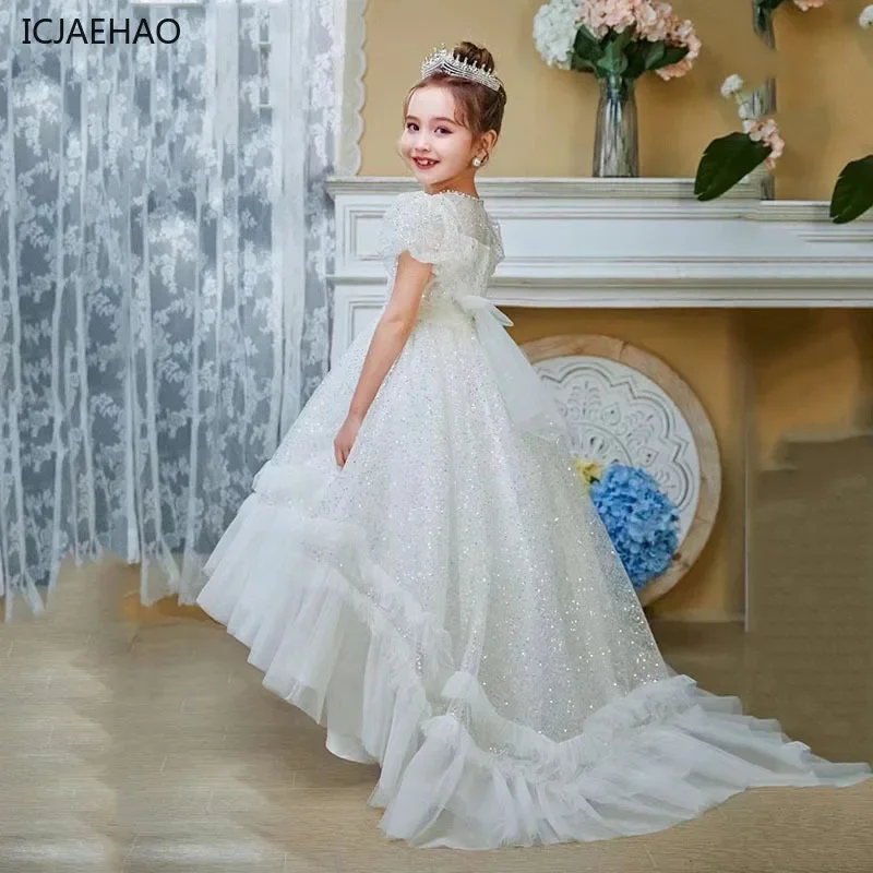 ICJAEHAO 2025 Elegant Dress for Trailing Tulle Sequin Teen VestidosGirls Children Ball Gown 8 to14 Years Wedding Bridesmaid