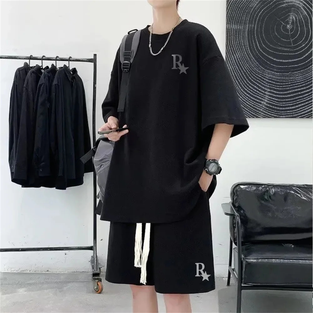 Oversized Japan Korean Fashion College Waffle Set Men Boys Summer Casual Loose Short Sleeve T-shirt Shorts Sports Two Piece Set