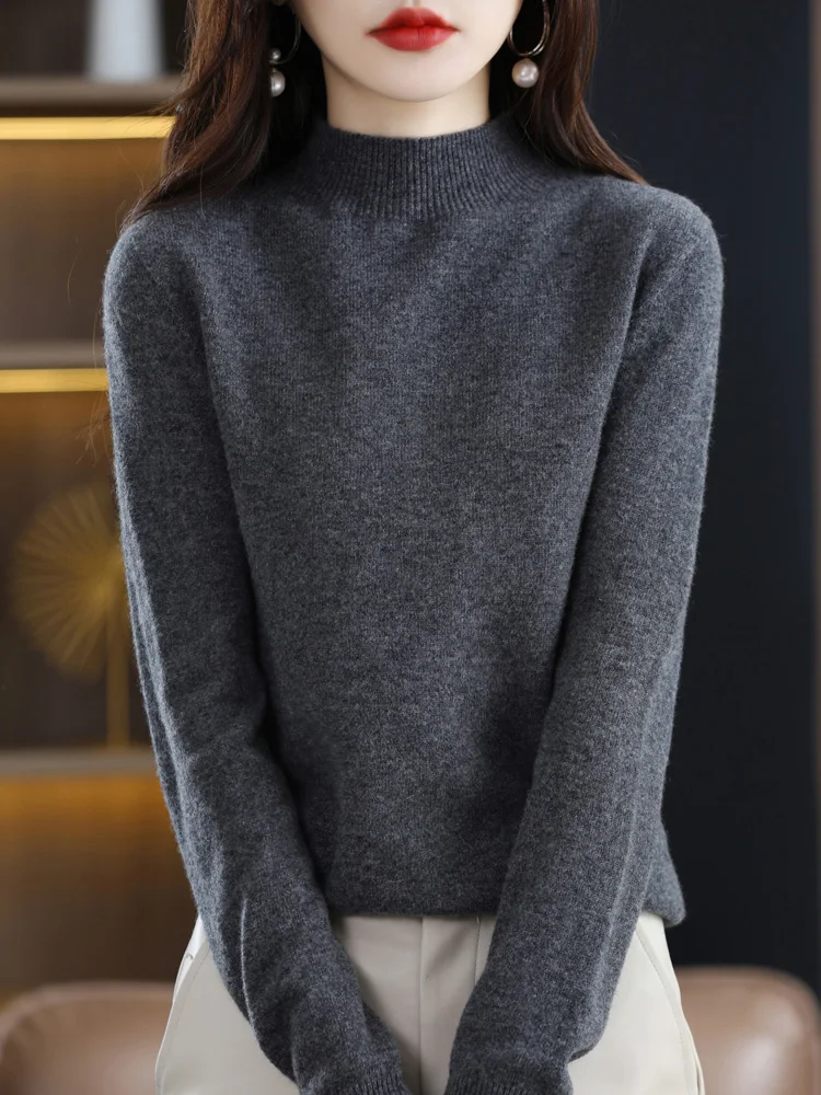 Autumn Winter Merino Wool Sweater Cashmere Pullover Women\'s Mock Neck Solid Color Regulai Fit Long Sleeve Underlay Knitwear