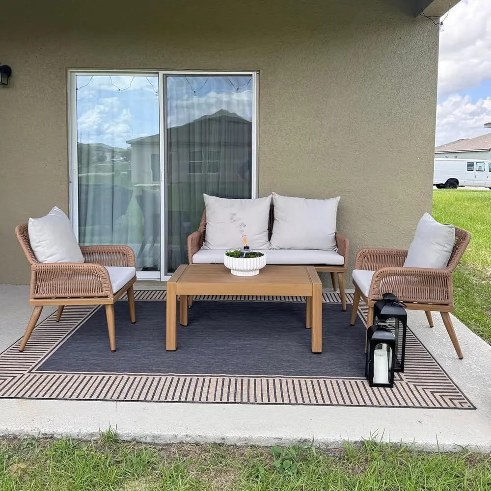 

Плетеный набор для патио из 4 предметов: мебель из ротанга со столом на 4 человека, плюшевые подушки, идеально подходит для сада, заднего двора, газона и у бассейна.