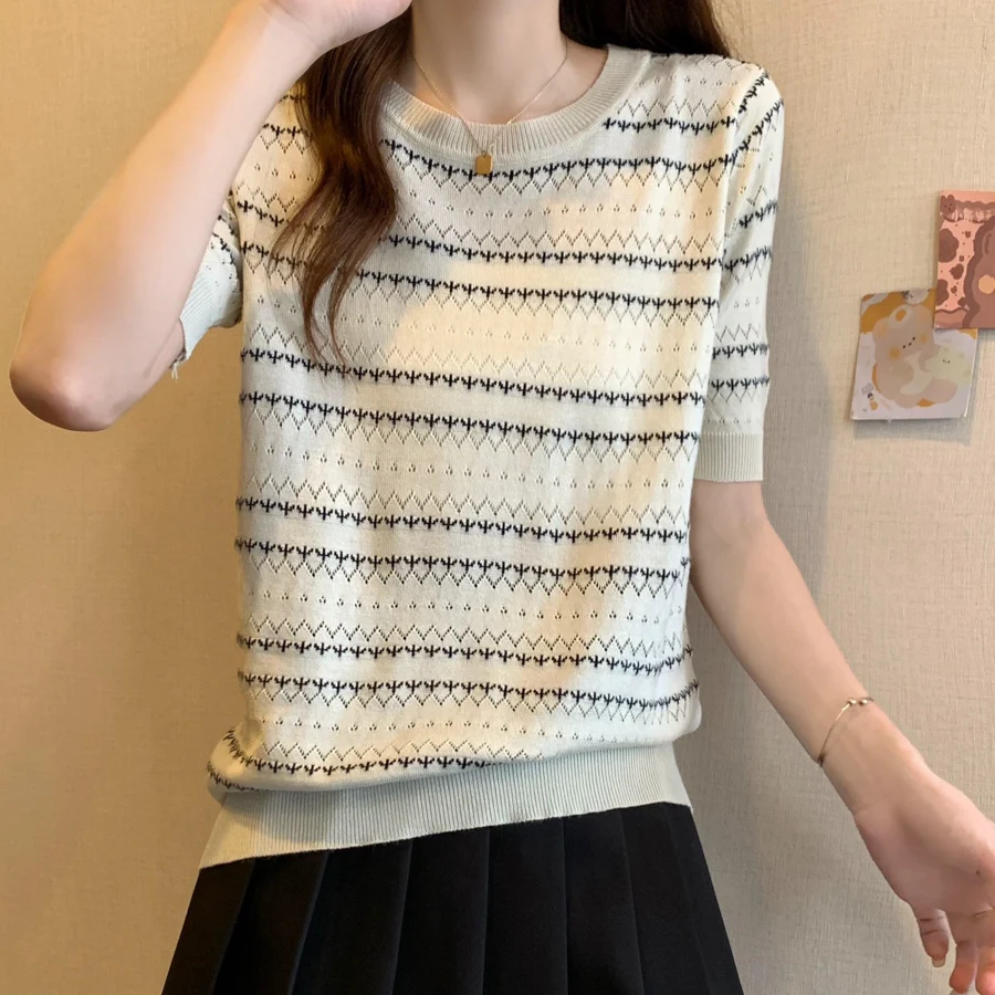 Knitted Sweater Women Pullovers New Short Sleeve Striped Knit Sweater Pullover Women Tops O-Neck Hollow Out Women Clothing Q2754