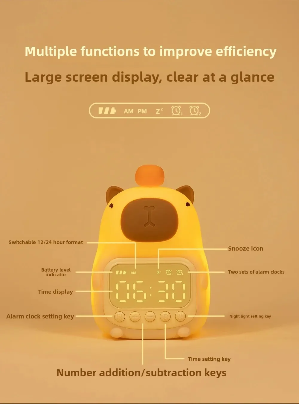 + Capybara Luce notturna a LED Sveglia digitale ricaricabile in silicone Lampada da tavolo dimmerabile Temporizzazione Carica USB Regalo di compleanno per bambini