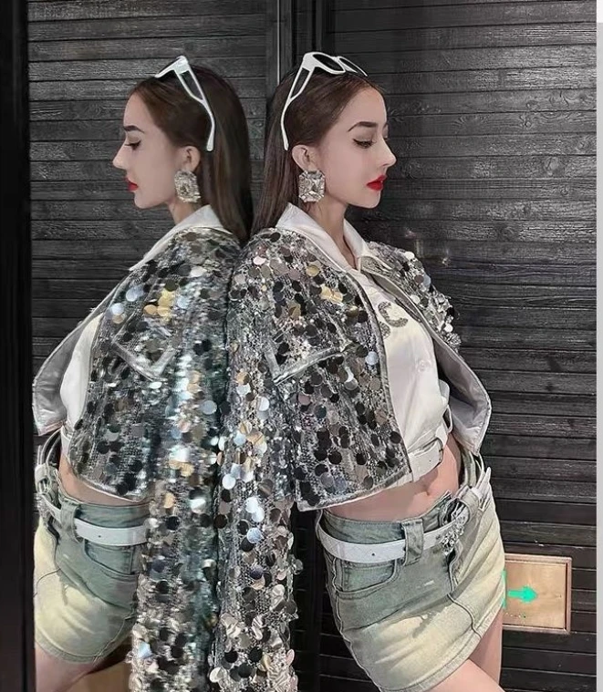 

Girls' Shiny Sequin Cute Jacket Hottie Bar Rave Silver Autumn New Round Neck Long Sleeve Fashionable Hip Hop Blouses Club
