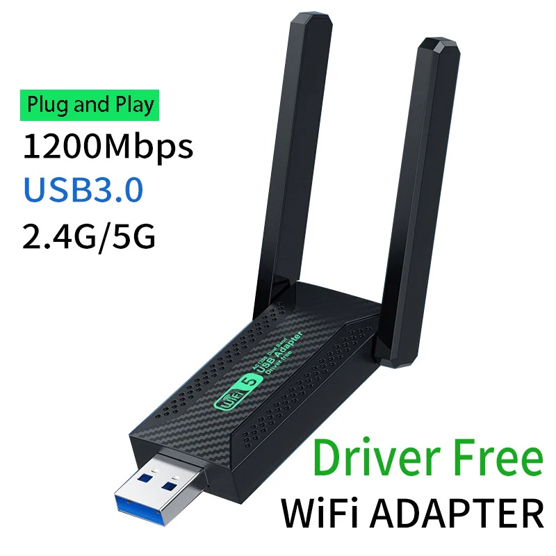 USB Wirless Network Card 2.4G 5G Dual Band 1200M Drive Free Ethernet Adapter Wifi Receiver Antenna for Desktop Computer Laptop