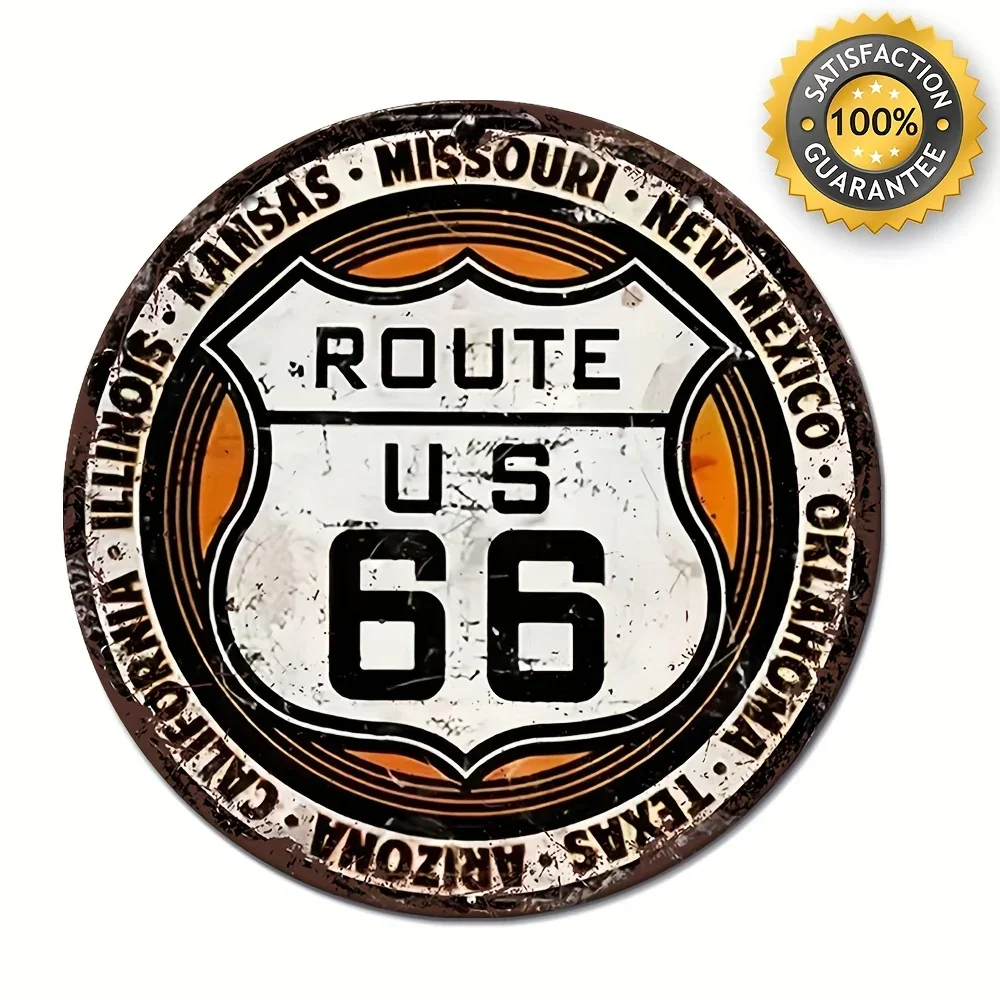 Retro Metal Round  Sign, Route 66 USA Road Sign,Vintage Garage Wall Decor,Restaurant,Cafe Bar Club Living Room Wall Decor Plaque