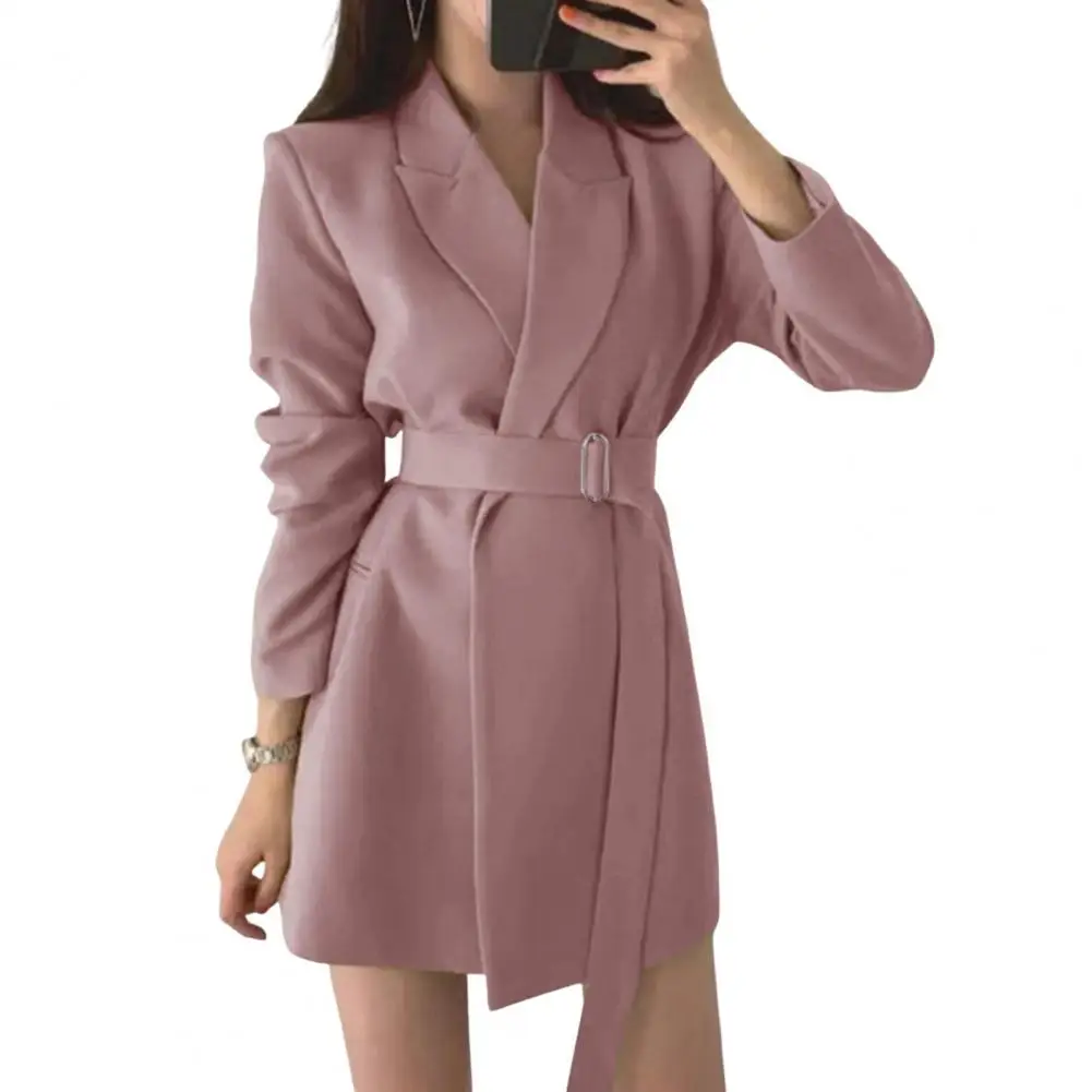 Comfortable Women Suit Jacket Elegant Lapel Suit Coat for Women with Belt Long Sleeve Office Lady Outwear Solid Color Loose Fit