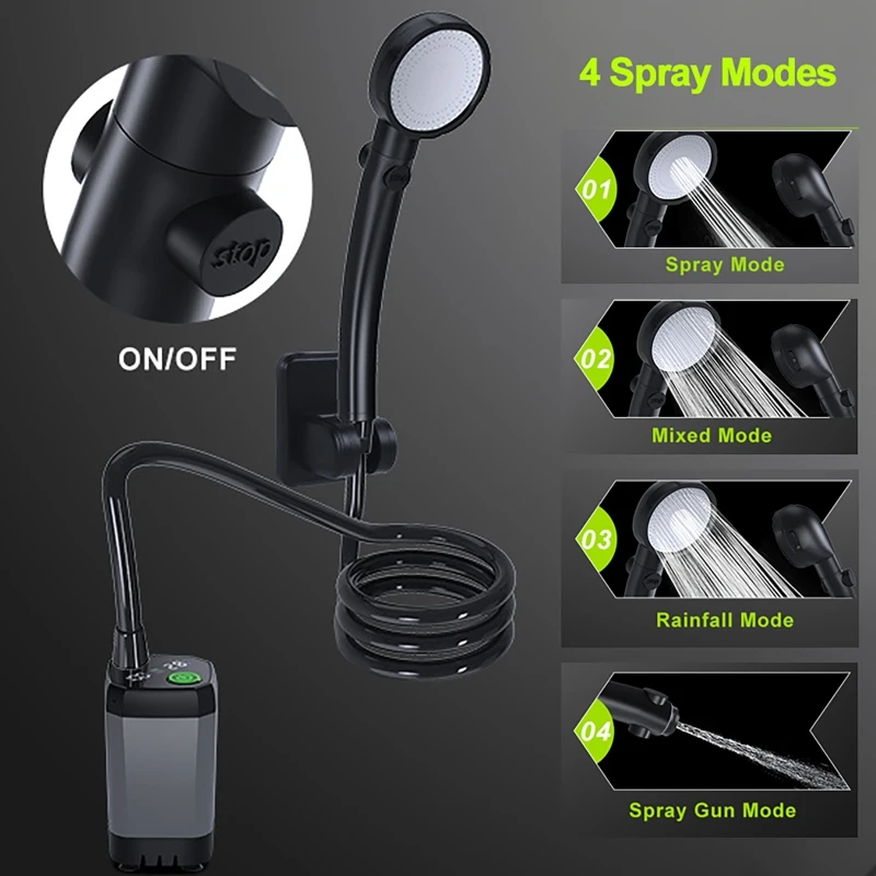 อุปกรณ์อาบน้ําแคมป์ปิ้งแบบพกพา 6000mAh จอแสดงผล LED แบบชาร์จไฟได้กลางแจ้ง Simple ไฟฟ้ามือถือชุดฝักบัว