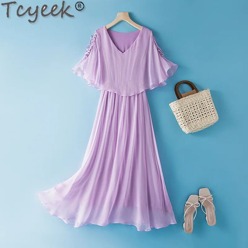 Tcyeek-Vestido De playa De seda De morera auténtica para Mujer, ropa elegante y bonita De verano, 100%