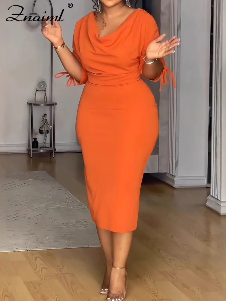 

Znaiml Elegant Pile Collar Ruched Drawstring Half Sleeve Split Bodycon Orange Pencil Dress Women Birthday Party Club Office Robe