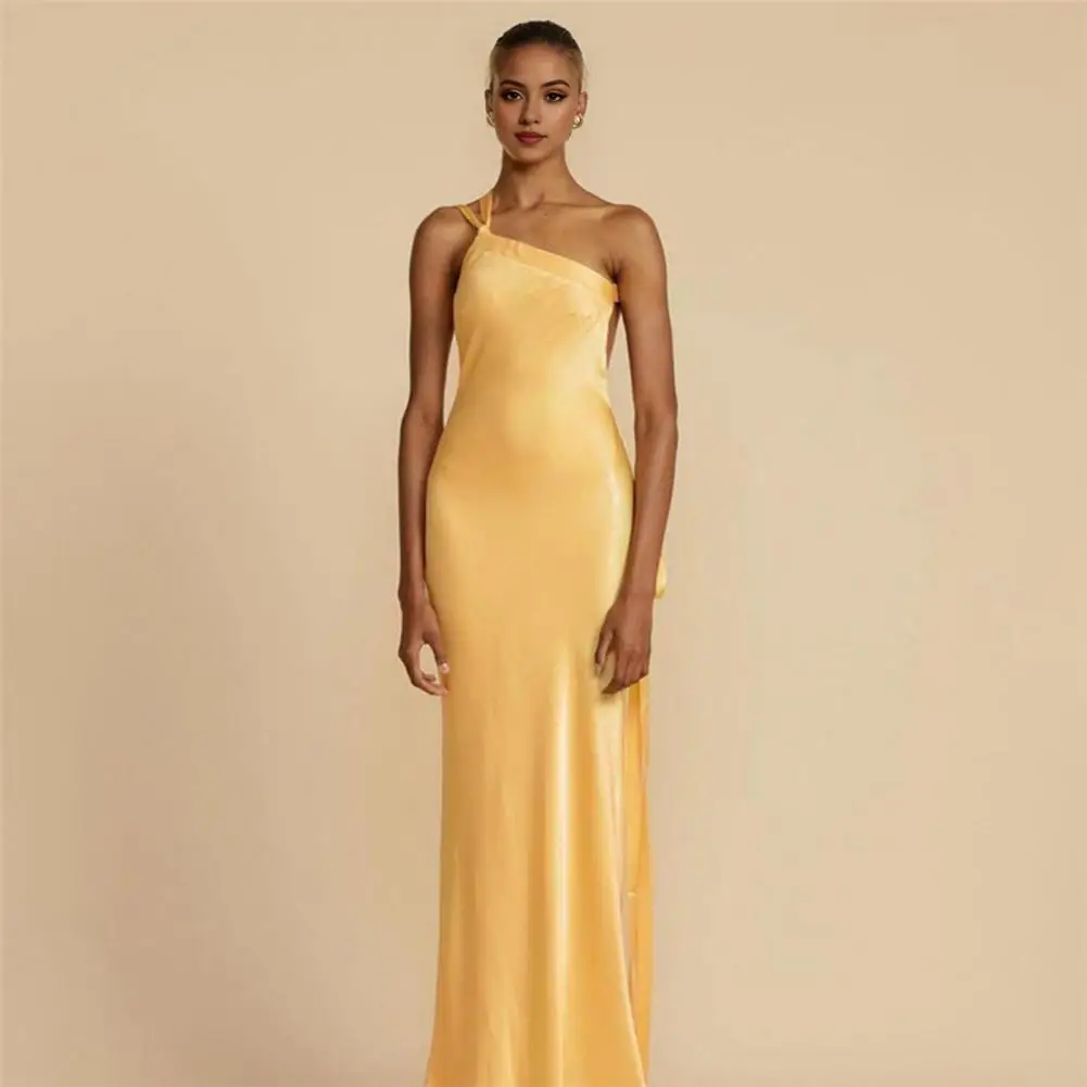 Drape Dress Elegant One Shoulder Lace-up Maxi Dress for Women Solid Color Prom Evening Gown with Backless Design for Cocktail