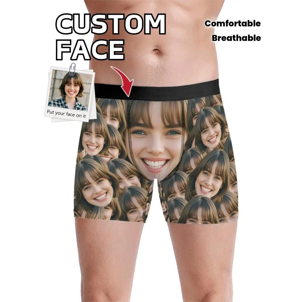 Funny Custom Photo Face Print Men Boxer Briefs, Personalized Picture Underwear Shorts Novelty Gift for Men Bachelor Party