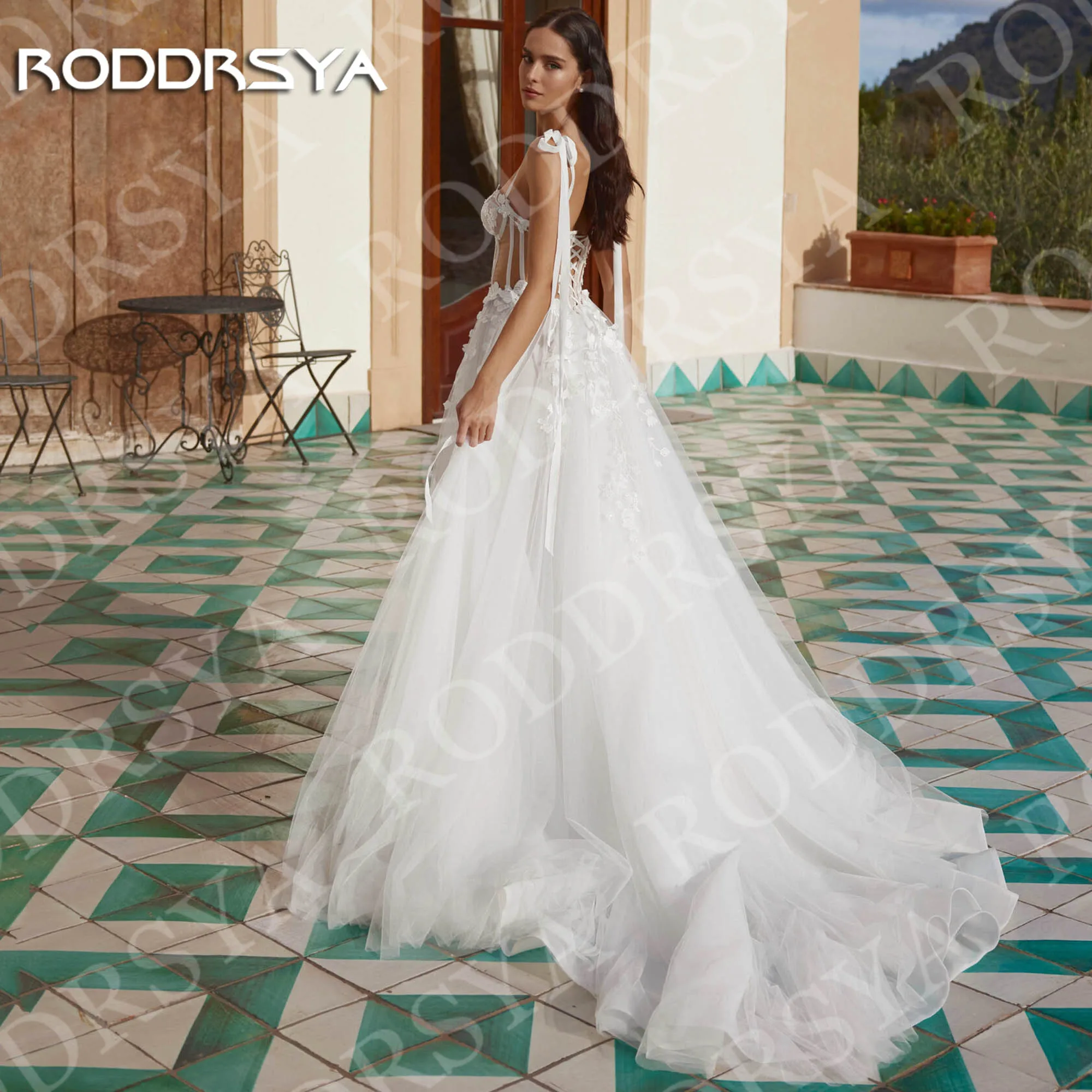 RODDRSYA السباغيتي حزام ألف خط فساتين الزفاف أنيقة يزين تول الدانتيل فستان زفاف الشاطئ مخصص حزام سباغيتي خط فساتين الزفاف الأنيقة التطبيقات تول الدانتيل شاطئ فستان العروس مخصصة