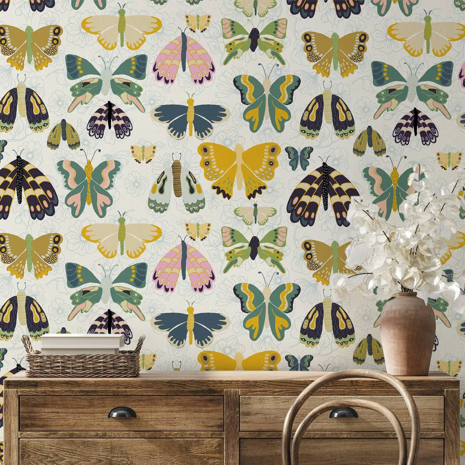 

Vintage Butterflies Wallpaper in dusty beige, Watercolor butterfly Garden Wall Mural for Kids