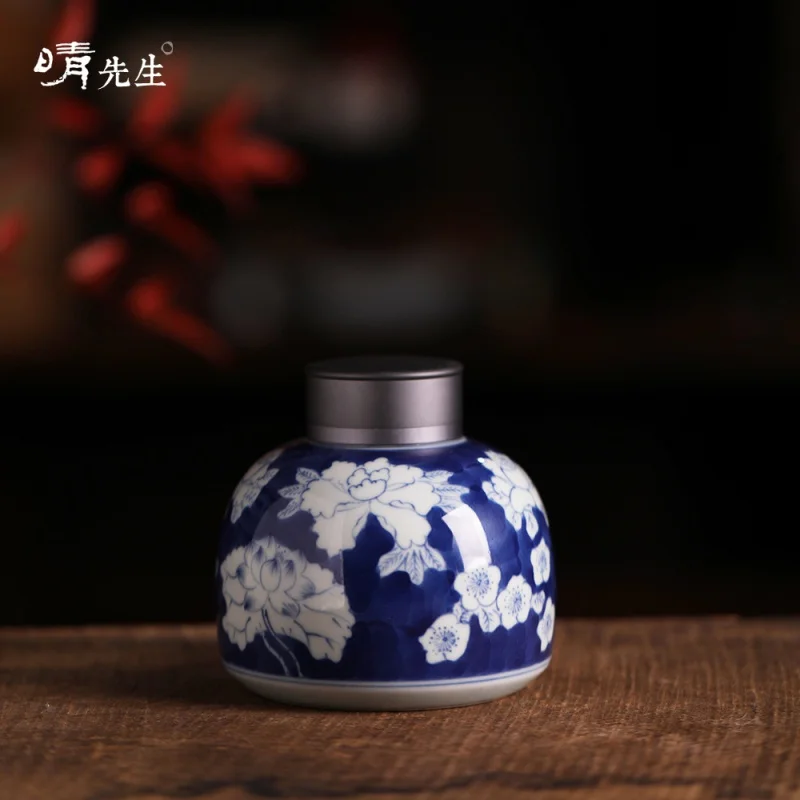 ★Jingdezhen Underglaze Blue and White Tea Pot Aluminum Cover Pu'er Black Tea Sealed Jar Medium Tea Storage Pot Antique Porcelain