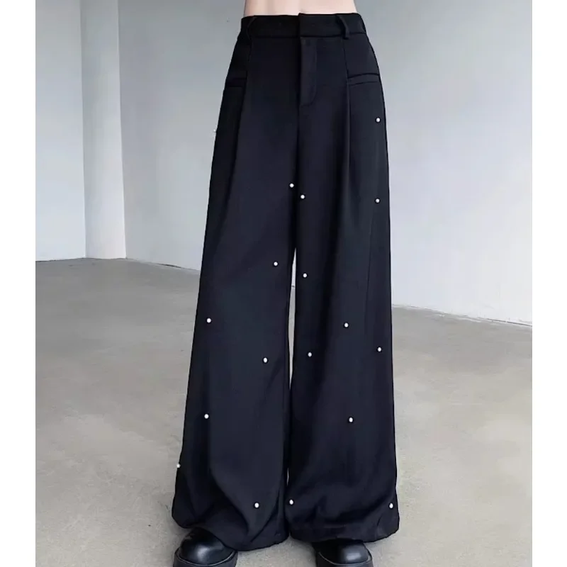 SuperAen 2024 Autumn Retro Black Hanging Wide Leg Straight Leg Casual Pearl Rivet Suit Pants