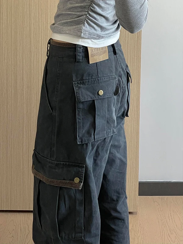 

American Style Women Pants Retro High Waist Work Trousers Loose Wide Leg Straight Cut Casual Street Fashion