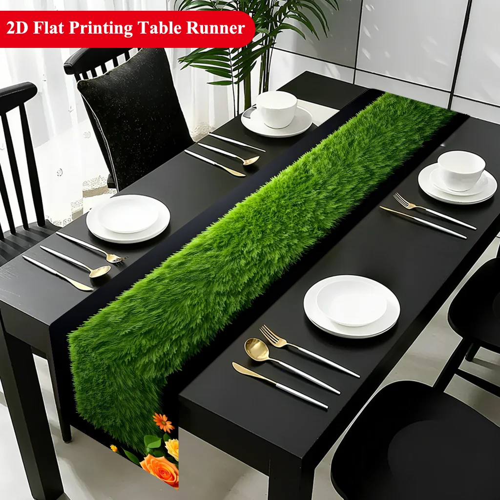 1 Piece of Green Grass and Floral Art Table Runner, Suitable for Farmhouse, Indoor, Kitchen, Celebrations, Table Decoration, Restaurant, and Banquet Decoration Supplies