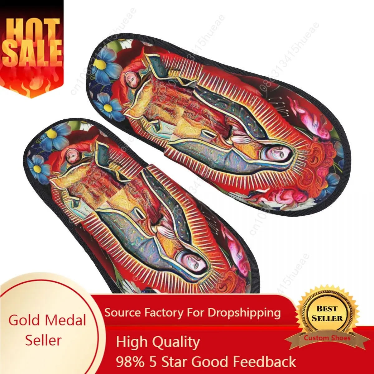 

Our Lady Of Guadalupe Guest Slippers for Bathroom Women Custom Print Mexican Virgin Mary Mexico Flowers Tilma House Slipper