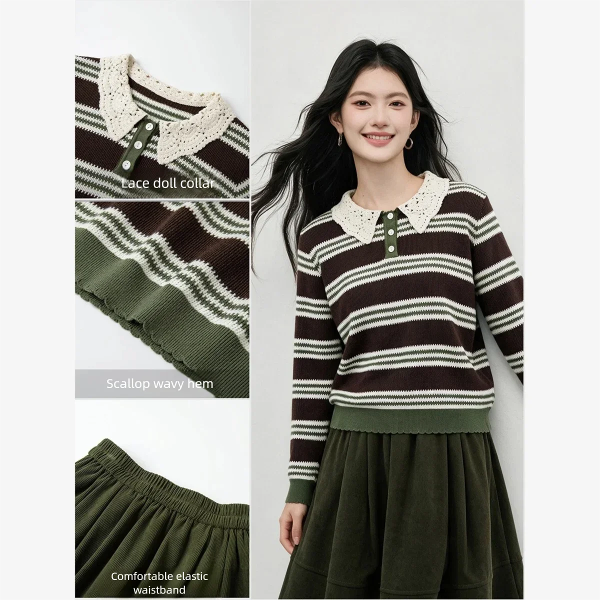 VIMLY Striped Knit Sweater A-line Flared Skirt Two-piece Set Women 2026 Autumn Vintage Elegant Casual Female Outfit 32093 32093