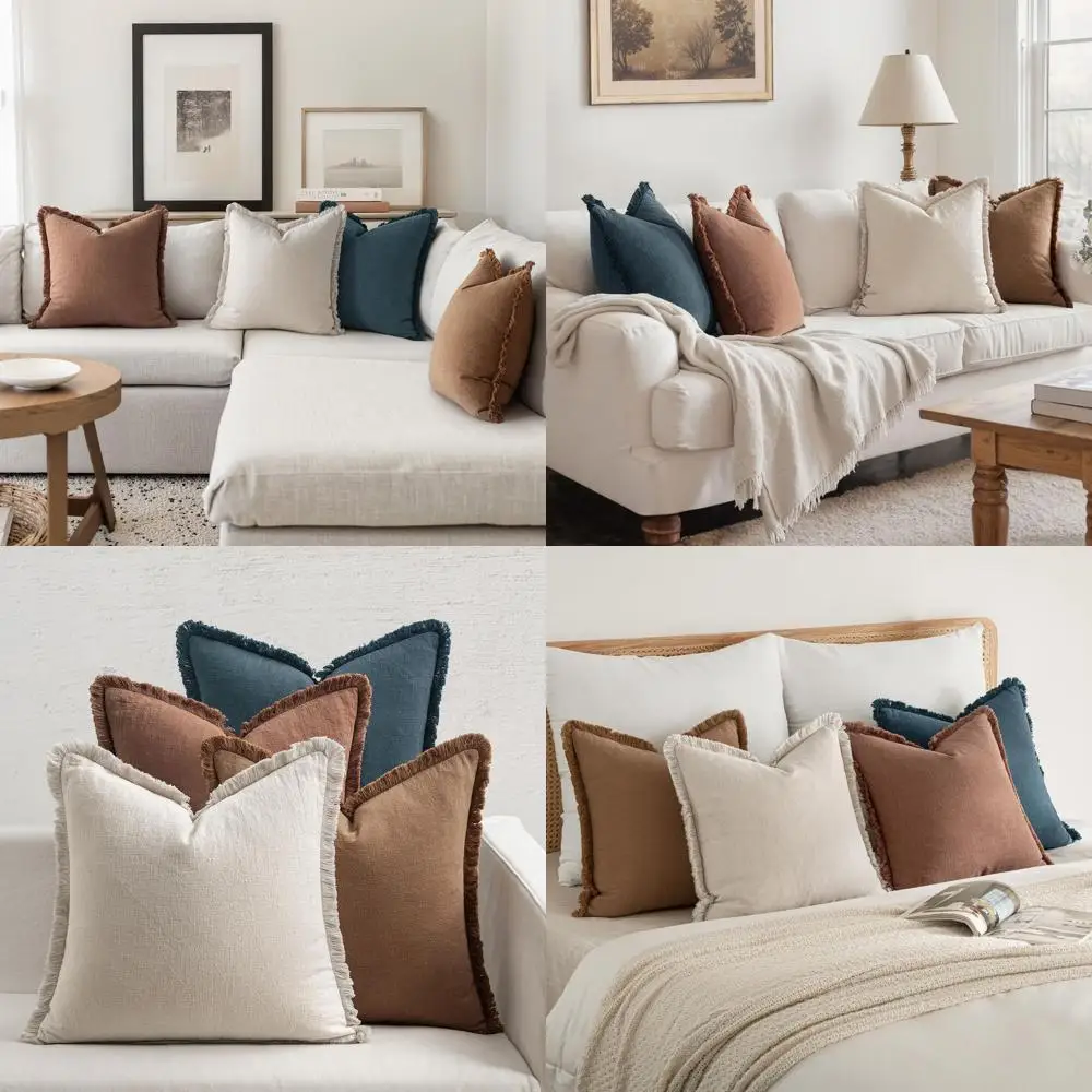 

Neutral Linen Throw Pillows Set of 4, Modern Boho Farmhouse Decor, 18x18 Inches, Beige/Brown/Blue