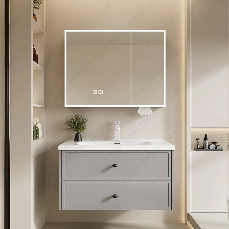 

Bathroom Vanity Cabinet with Integrated Ceramic Sink Basin Mirror Cabinet Faucet Set Wall Mounted Aluminum Storage Cabinet Combo