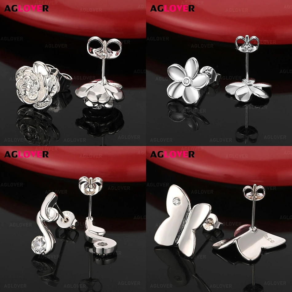 

AGLOVER 925 Sterling Silver Diamond Five-petal Flower Earrings Women Charm Fashion Party Holiday Gift Jewelry
