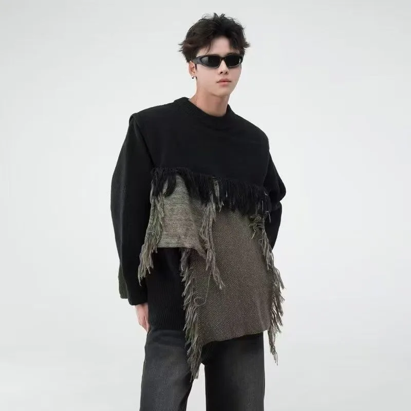 Jesienno-zimowy sweter vintage z frędzlami, dziergany, damski i męski, w stylu amerykańskiego goth, z dziurami, luźny pulower, dla par, casualowa bluza.