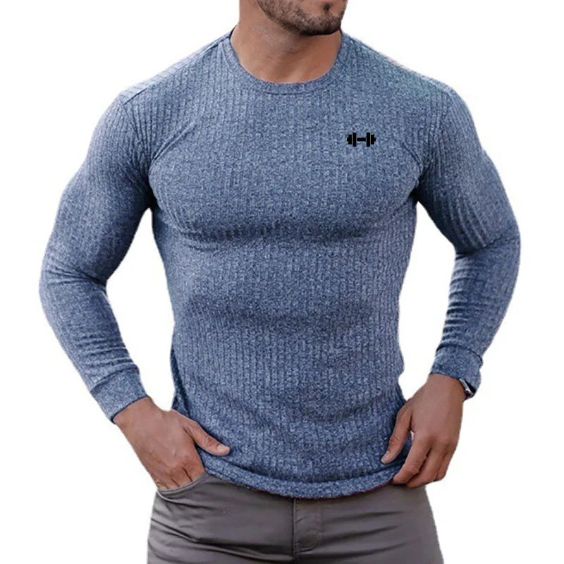 Quick Dry Running Long Sleeve T-shirt Gym Bodybuilding Fitness Sports Pullover Men's Slim Fit Fashion Knited Strips Autumn Shirt