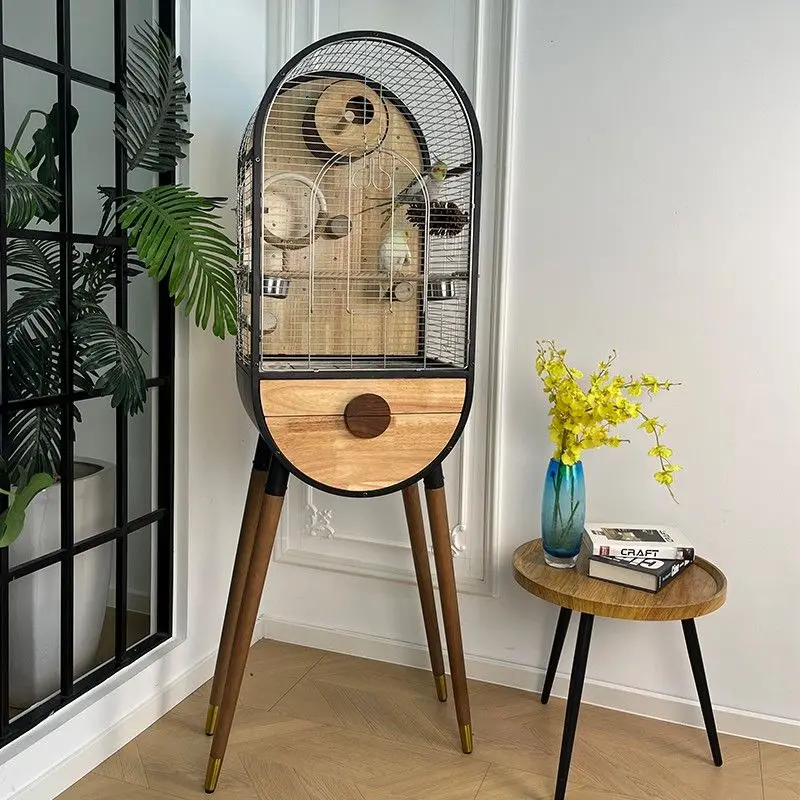 

Time Capsule Parrot Bird Cage Villa Stainless Steel Metal Solid Wood High-end