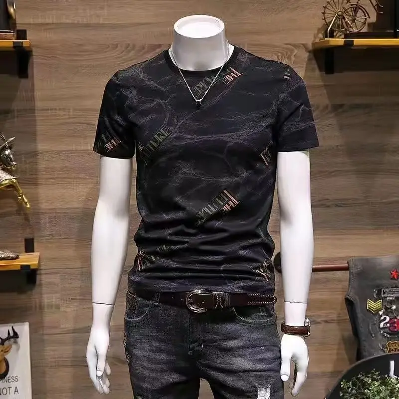 

2024 Summer New Fashionable Men's T-shirt Round Neck Slim-fit Printed High-grade T-shirt Men's Casual Letters T-shirt Men