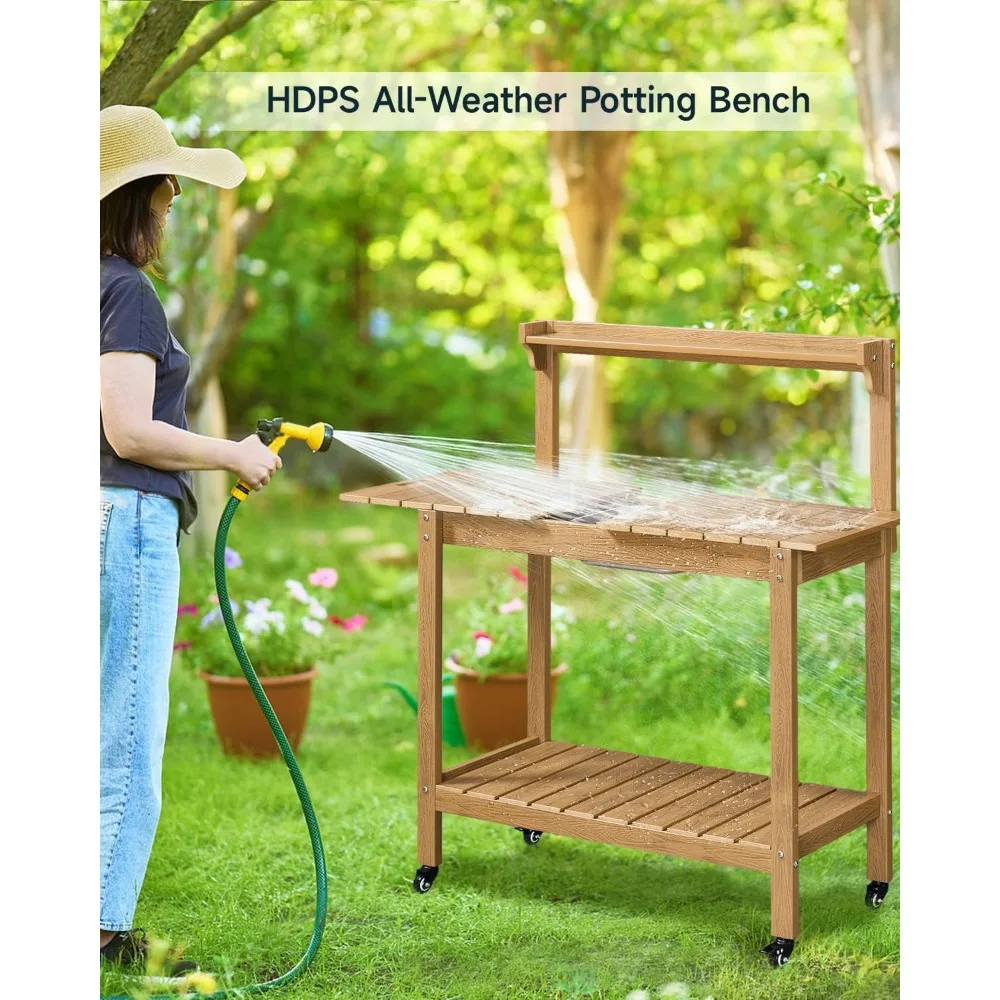 HDPS Outdoor Potting Bench with Sliding Tabletop/ 4 Wheels/Removable Sink, All-Weather Outside Garden Work Table, No Rust/Fade/B