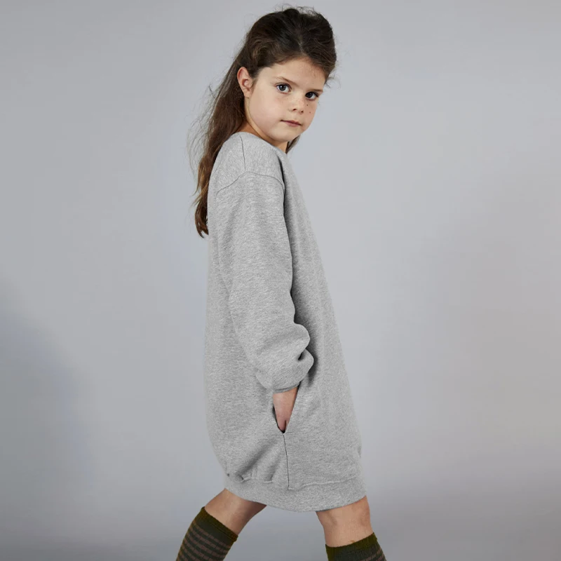 Robe droite à manches longues et col rond pour filles avec poches, coton biologique, chaud, confortable, enfants, hiver, nouveau, TZ341