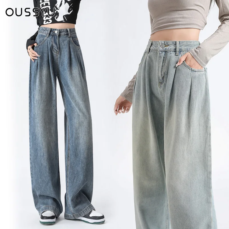 Autumn Woman Jeans High Waist Wide Leg Cotton Denim Clothing Straight  Pant Fashion Comfort Retro Blue Casual Trousers