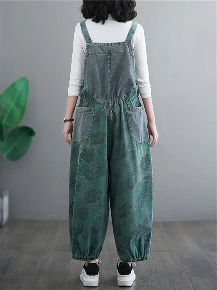 2024 New Woman Fashion Summer Overalls Literary Vintage Print Large Pockets Streetwear Sleeveless Loose Straight Denim Jumpsuits