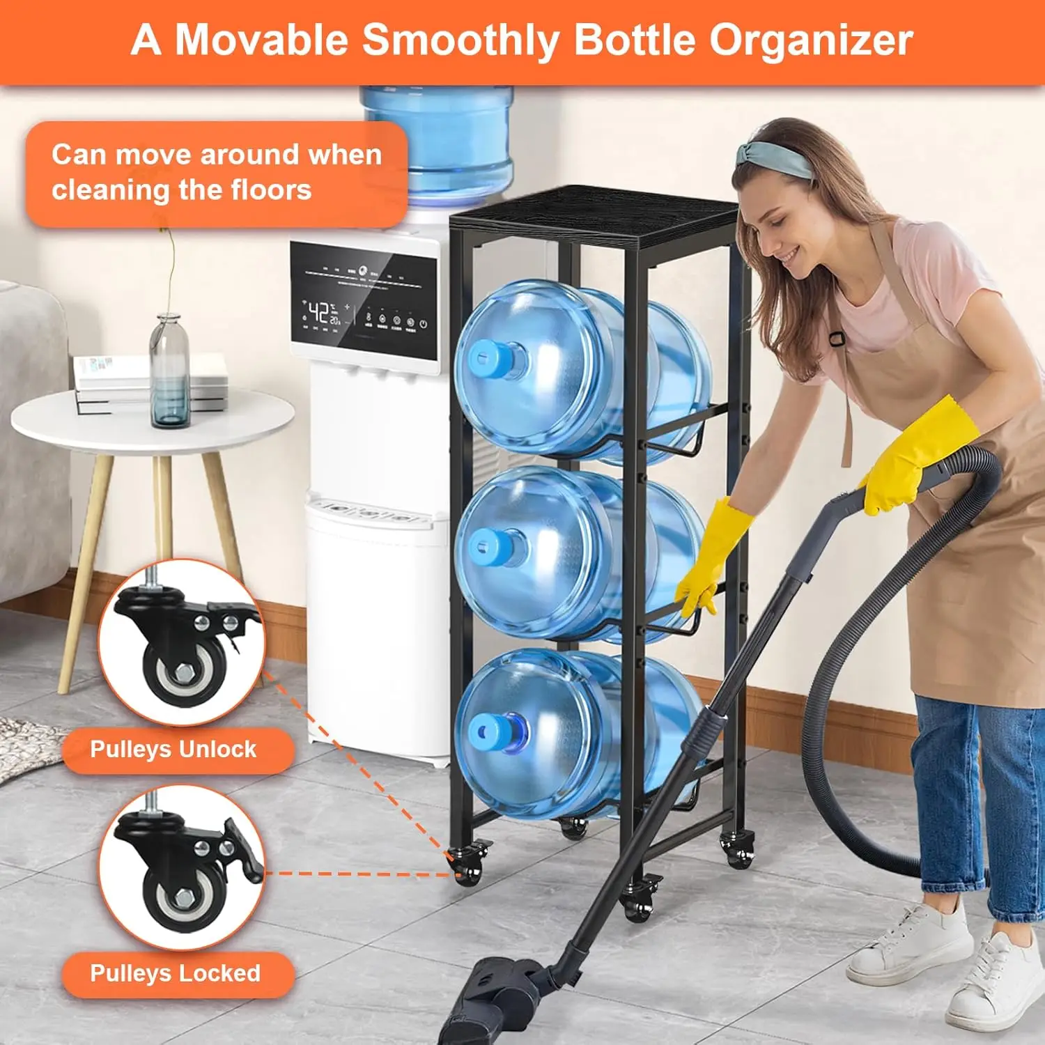 

5 Gallon Water Bottle Jug Holder 3-Tier Organizer with Lockable Casters Heavy Duty Storage Rack Dispenser Stand With Wood Top