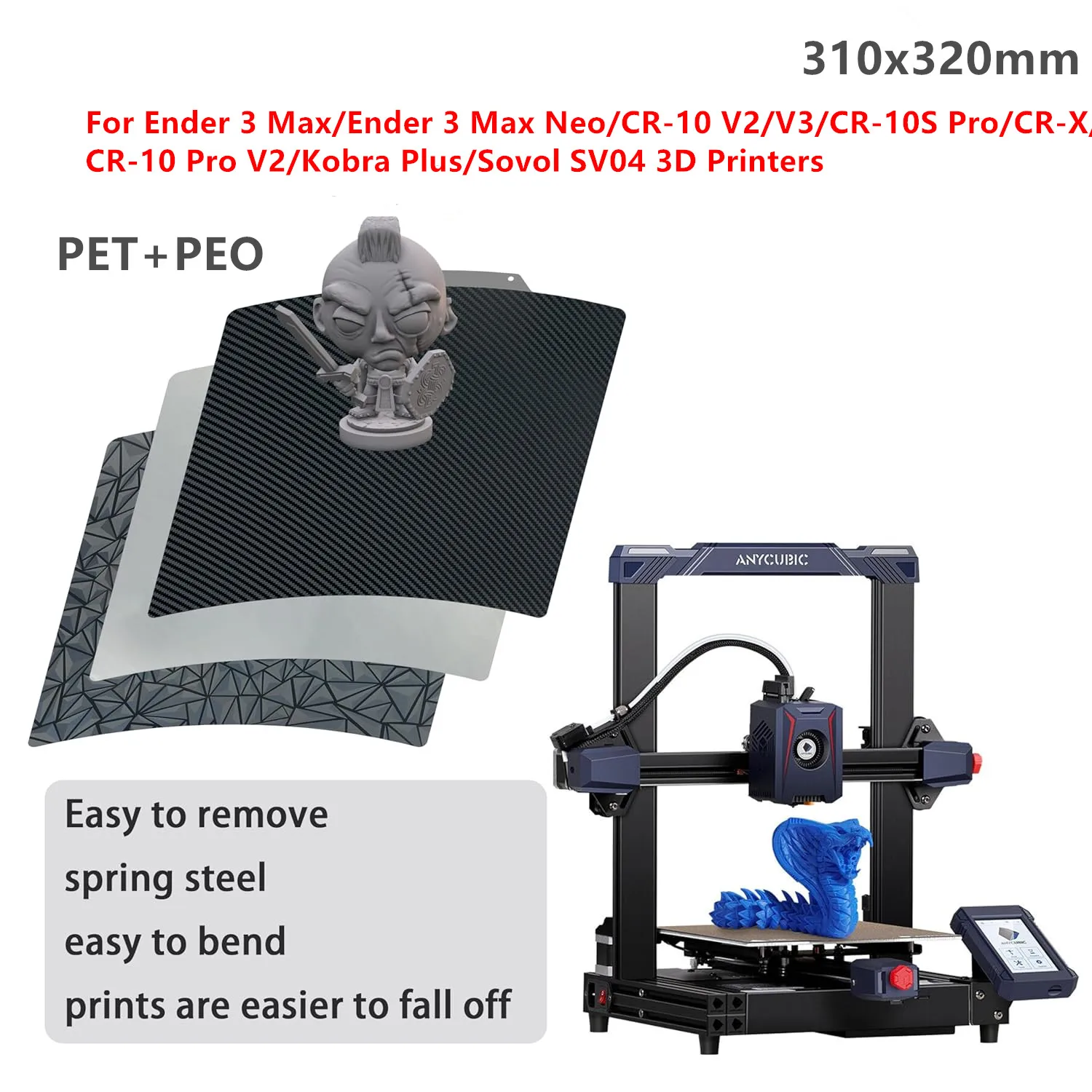 

Upgrade Smooth PET+PEO Sheet for Ender 3 Max Neo 310x320mm Double Sided PEI Spring Steel Build Plate for CR-10S Pro,Kobra Plus