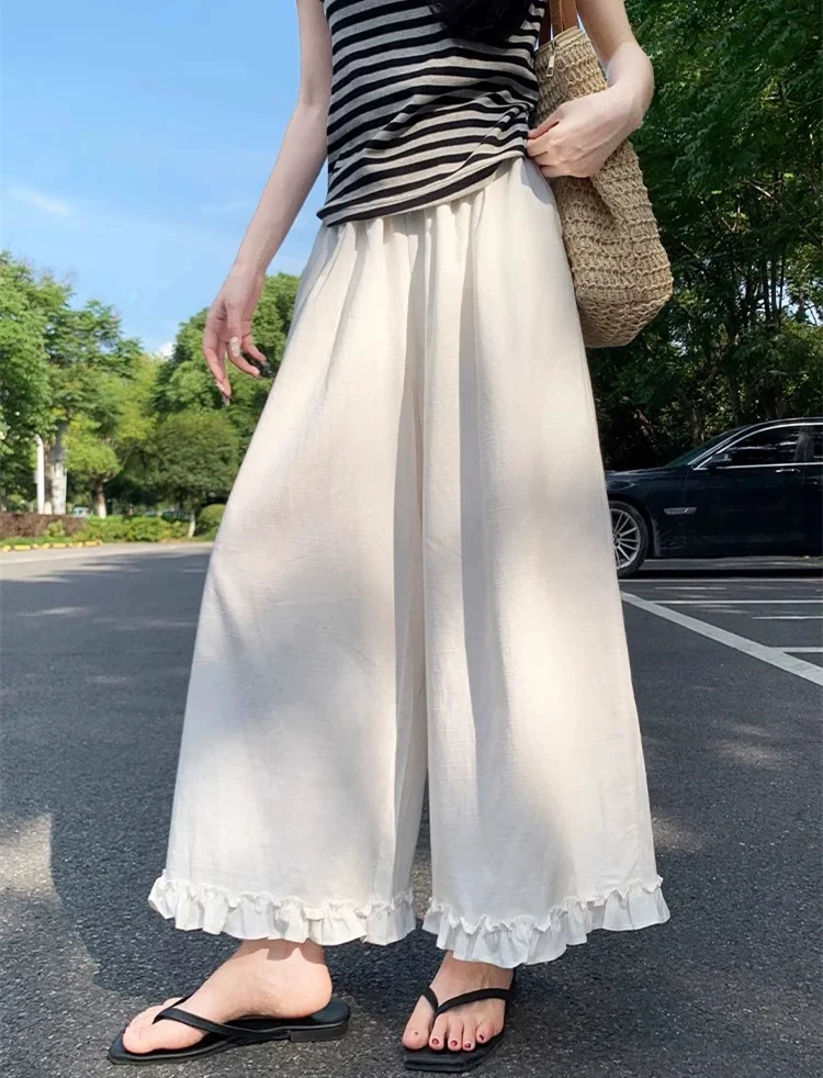 

Широкие брюки с эластичной лентой, женская летняя струящаяся пляжная одежда в полный рост, кавайный лоскутный модальный пояс, завязки, воздушный легкий вес