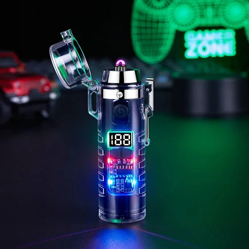 Windproof and Waterproof Can Be Illuminated Double Arc Lighter Three-Color Light Transparent USB Rechargeable High-Tech Lighters