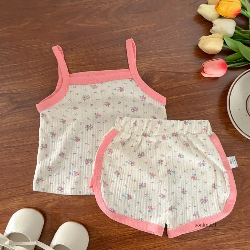 Baby Clothes Sets Summer Toddler Girl Strap Suits Cotton Printing Tops +Shorts Infant Tracksuit Newborn Sets