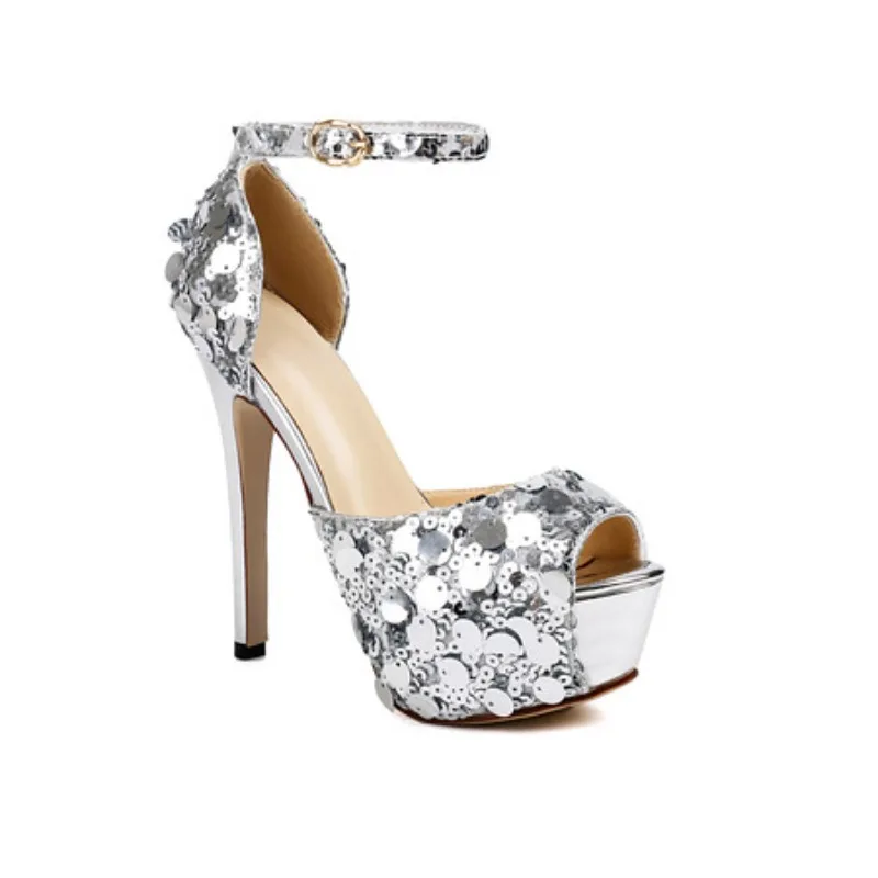 

2025 Ankle Strap Buckle Sandals For Women Silvery Sequin Platform Shoes 13CM Stiletto Sexy Peep Toe Summer High Heels Sandals
