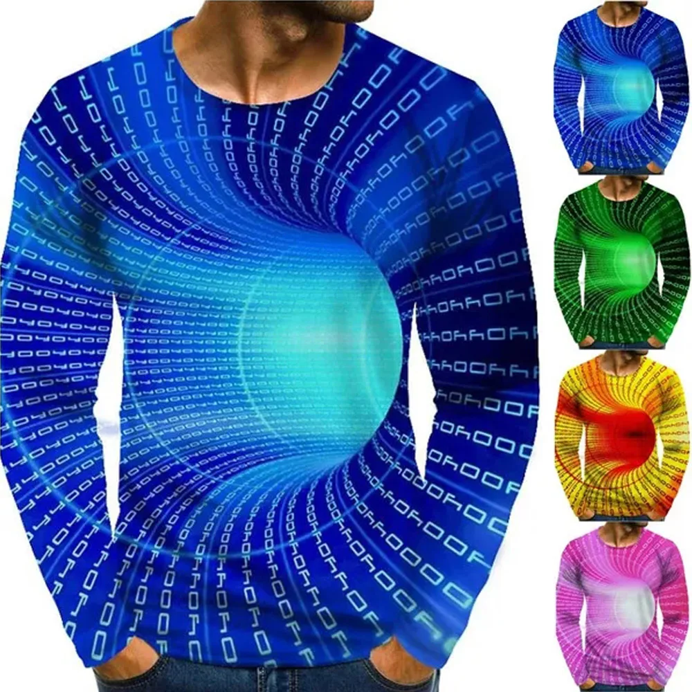 Men's Graphic optical illusion T-shirt Print Long Sleeve Daily Tops Streetwear Exaggerated Round Neck Blue Blushing Pink Green